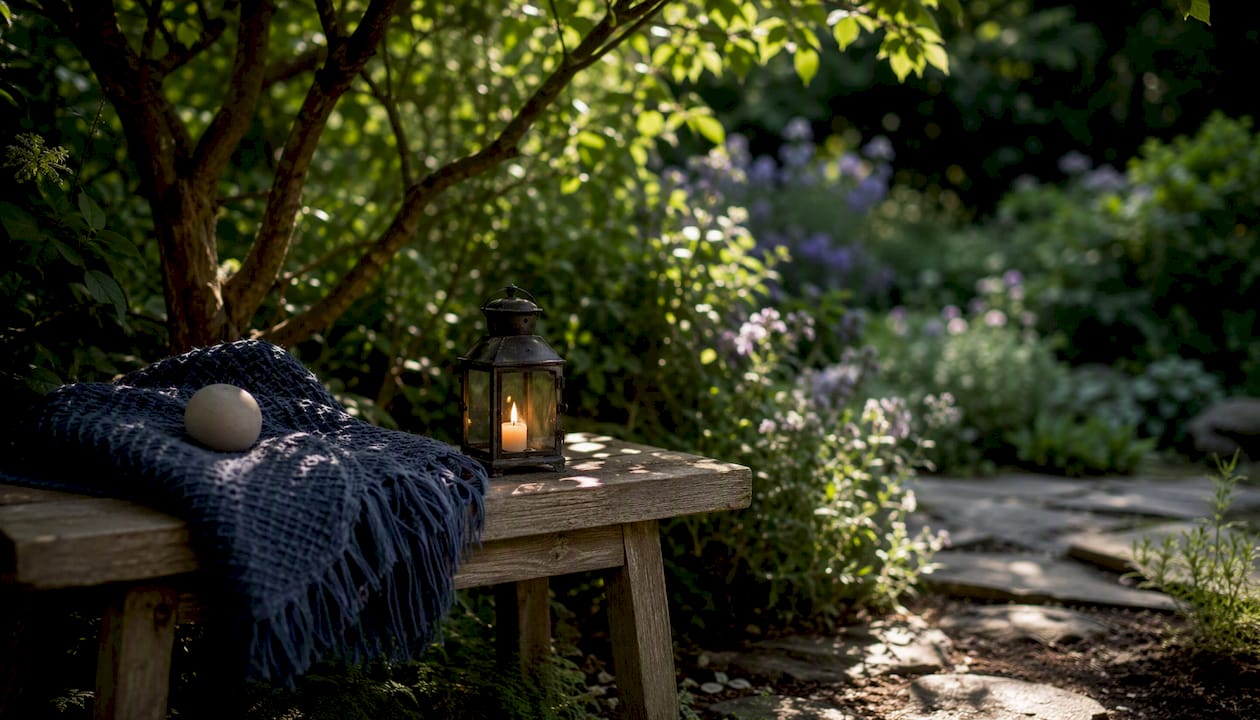 Textured stone, stress ball, and candle in meditation corner