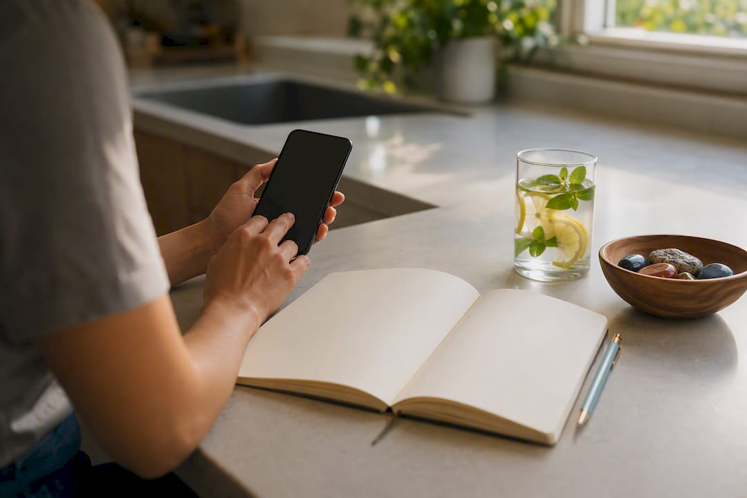 Hands setting timer next to open journal