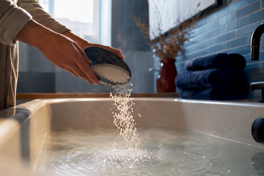 Hands adding salts to a warm Sunday bath