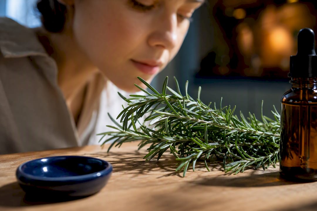 Person smelling rosemary beside essential oil