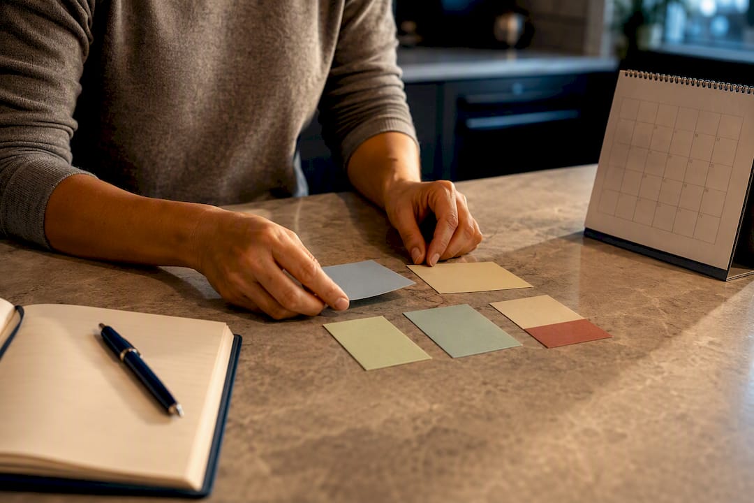 Hands organizing a weekly planning reset