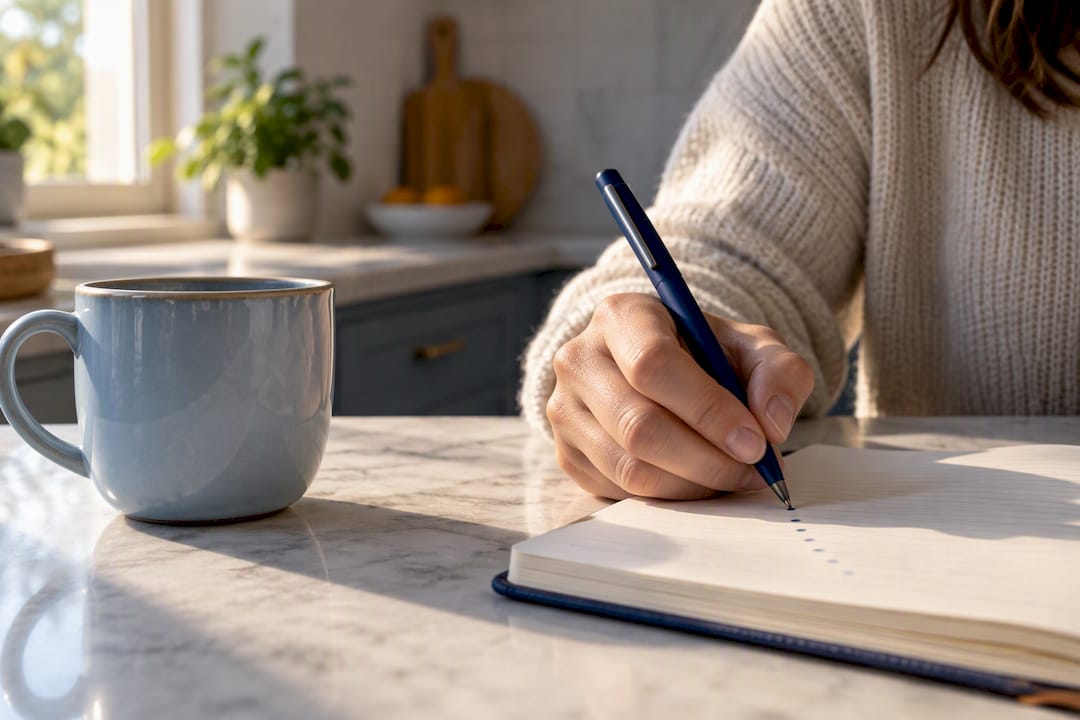 Person recording a brief mood journal entry