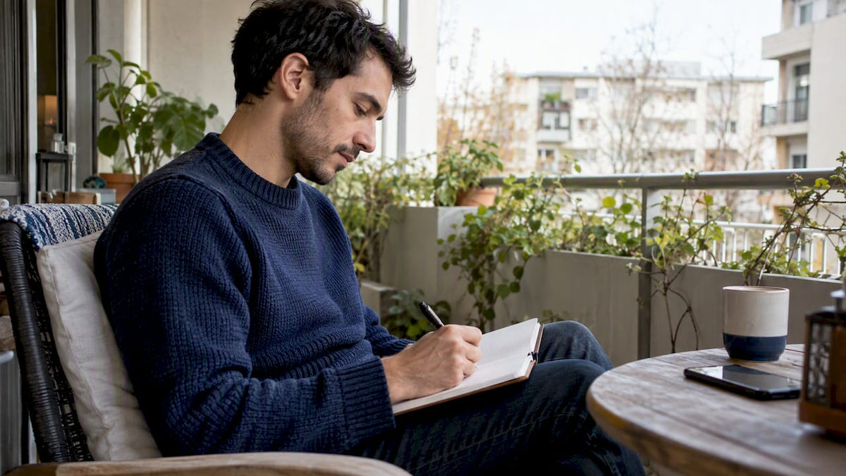 Man writing a journal entry on his balcony