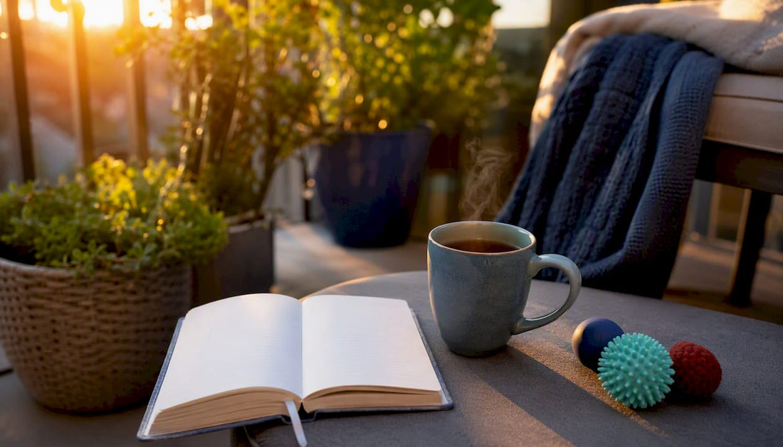 Mindfulness journal and stress relief tools on desk