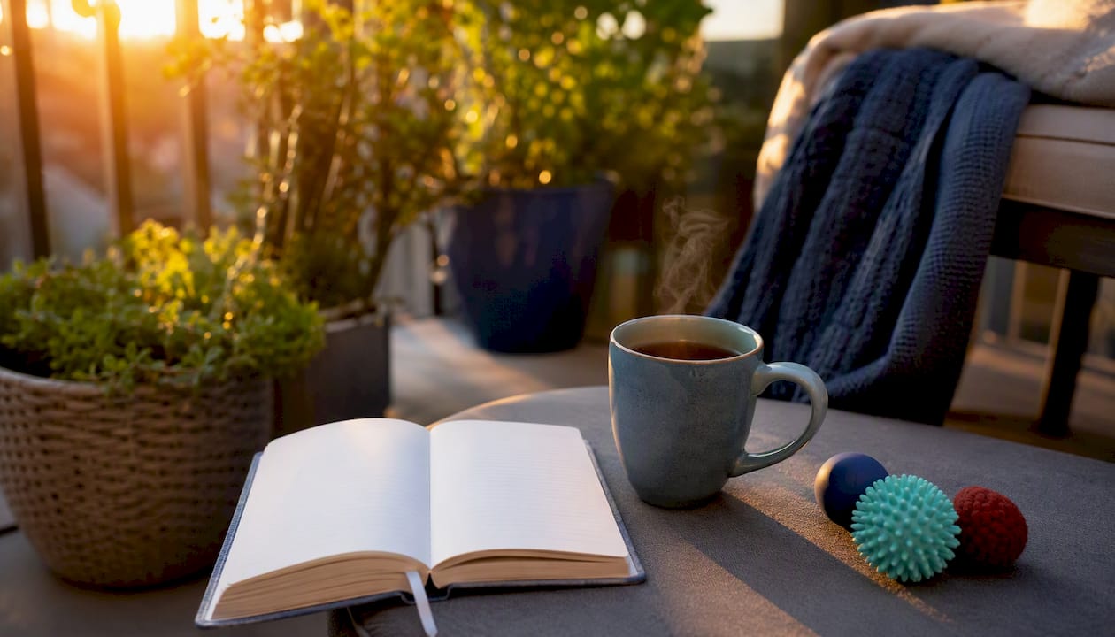 Mindfulness journal and stress relief tools on desk