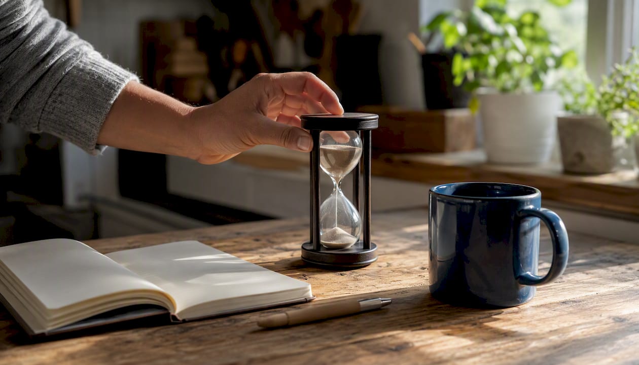 Hand setting timer next to coffee and journal