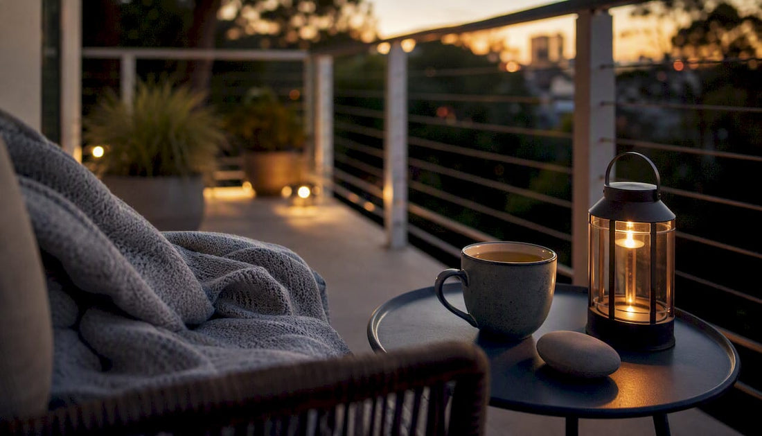 Calming nighttime bedside setup with tea and stone