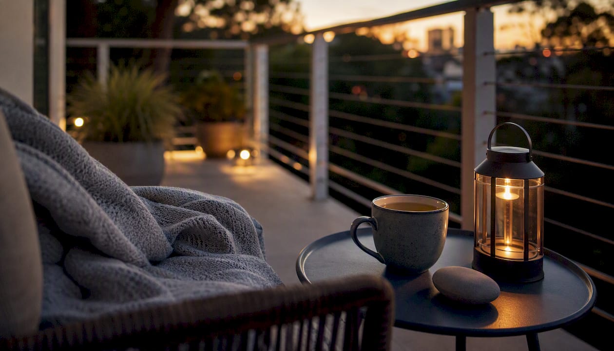 Calming nighttime bedside setup with tea and stone