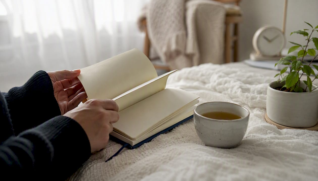Hands writing in gratitude journal with tea