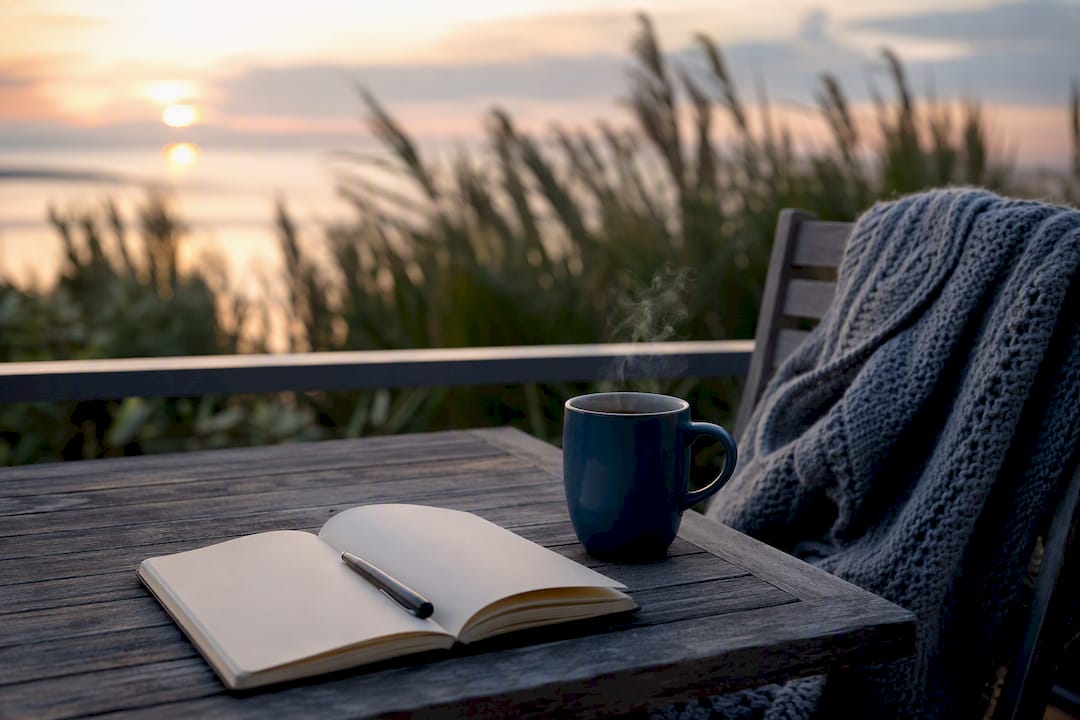 Open journal with pen and tea in cozy nook