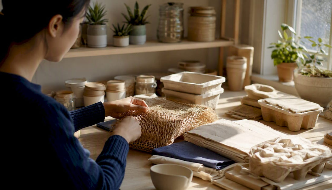 Hands sorting eco-friendly packaging materials