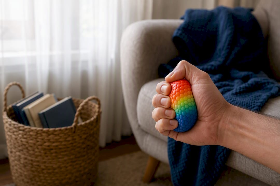 Hand squeezing a colorful silicone stress ball