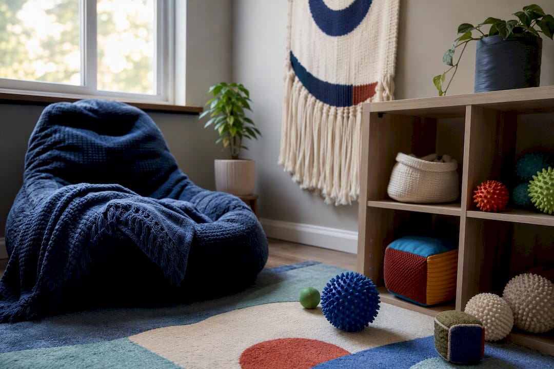 Cozy calm down corner for children with sensory toys
