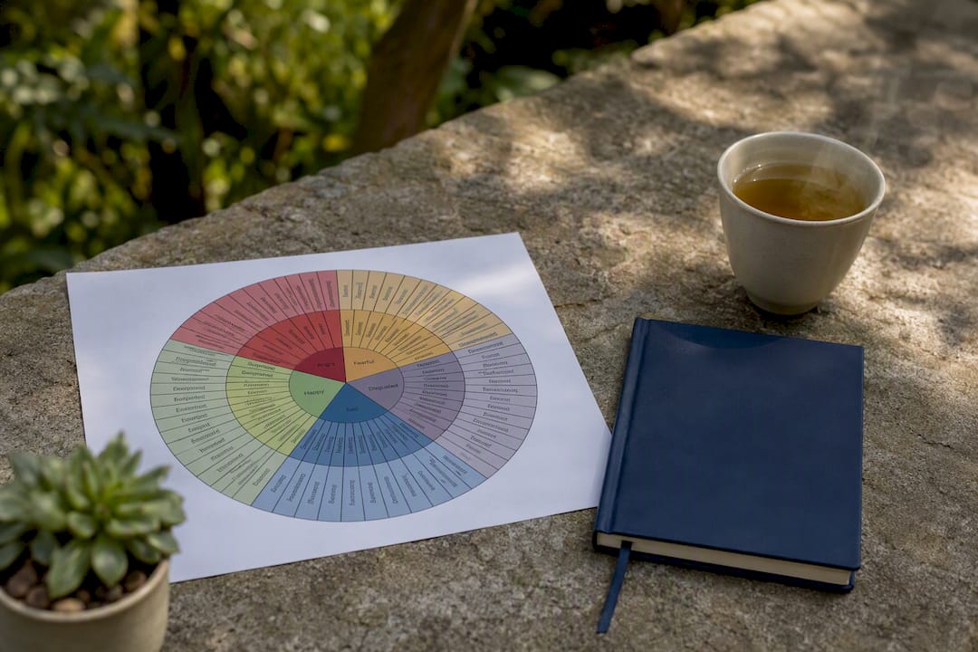 Emotion wheel with journal and tea cup