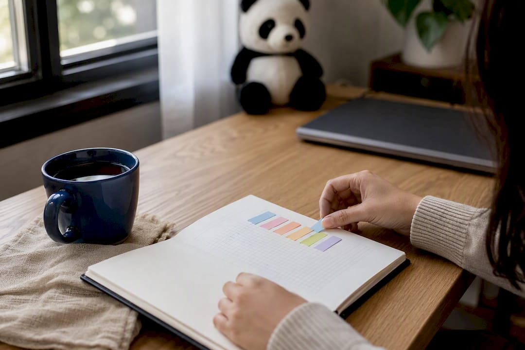 Hands arranging habit tracker on planner page