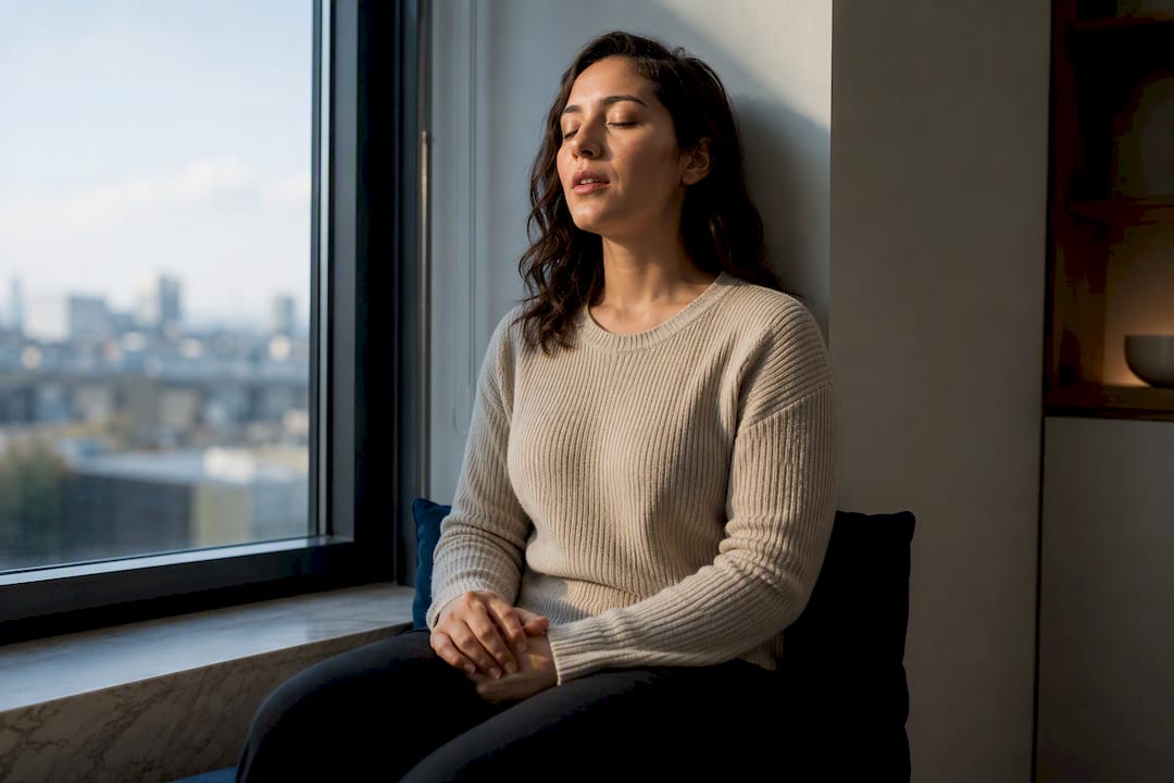 Person calmly speaking a grounding affirmation