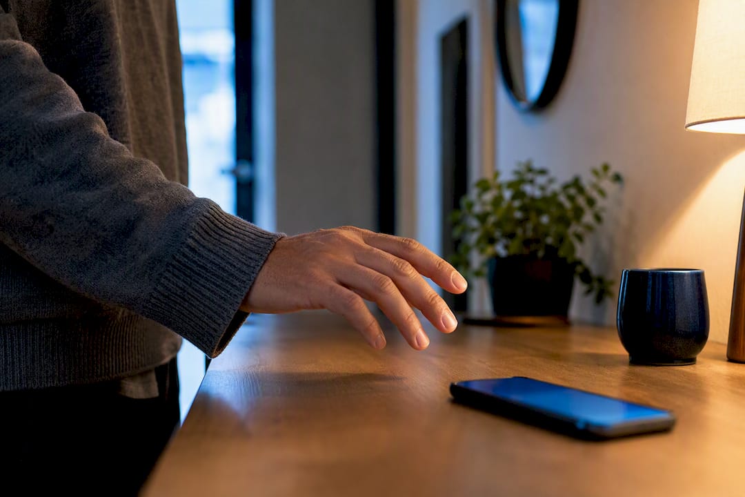 Hand hesitating beside phone before call