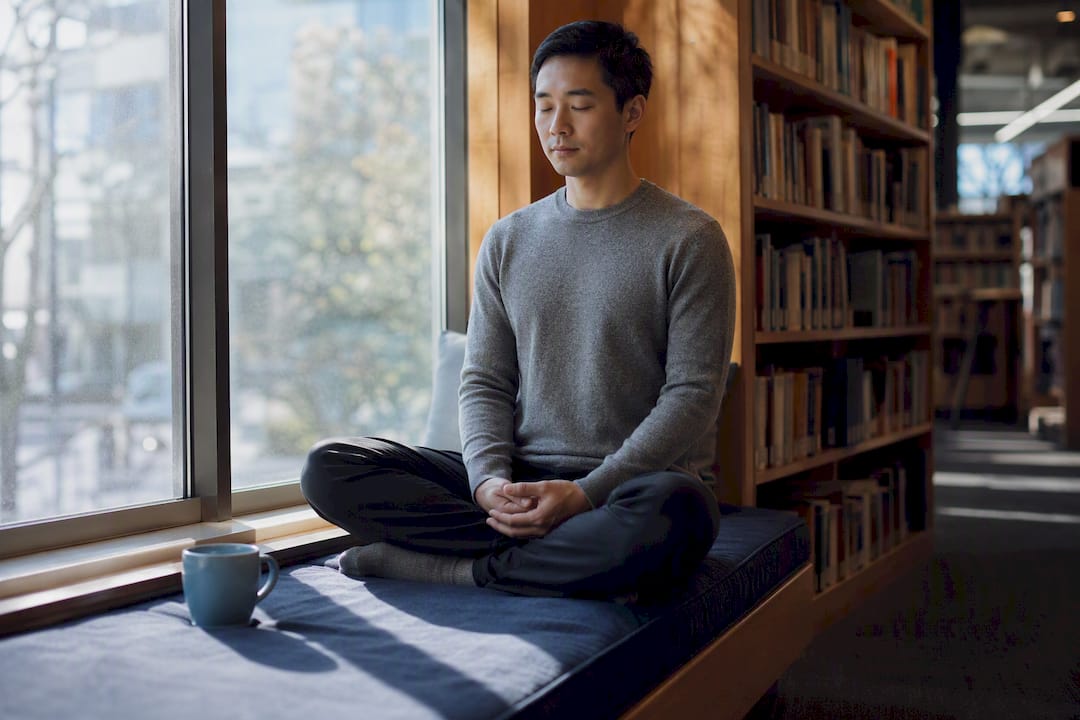 Beginner practicing mindfulness in a library