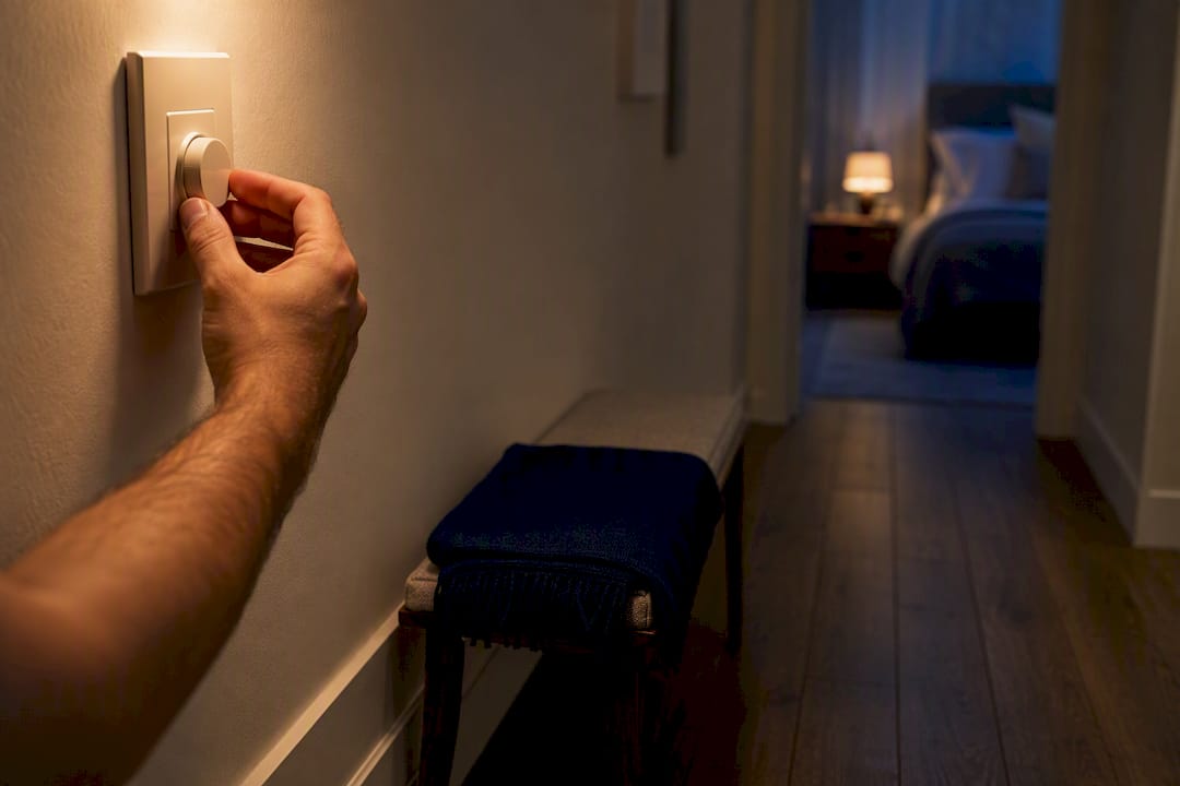 Hand dimming evening lights before bed