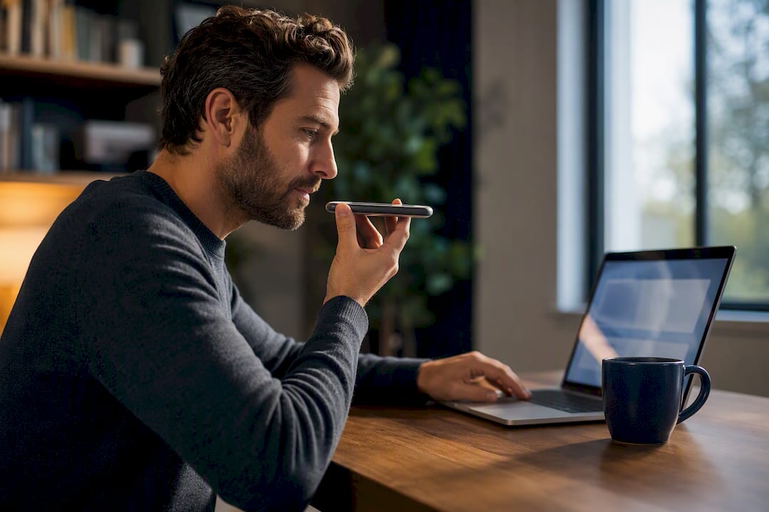 Professional reviewing voice recording before meeting