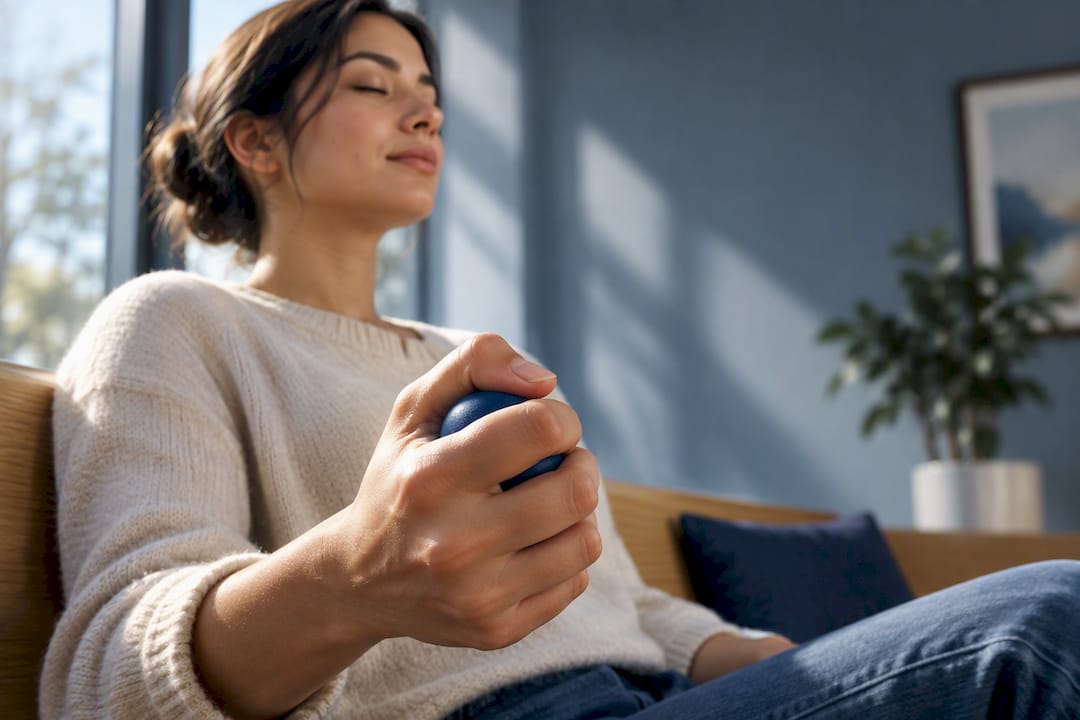 Hand squeezing a stress ball during slow breathing