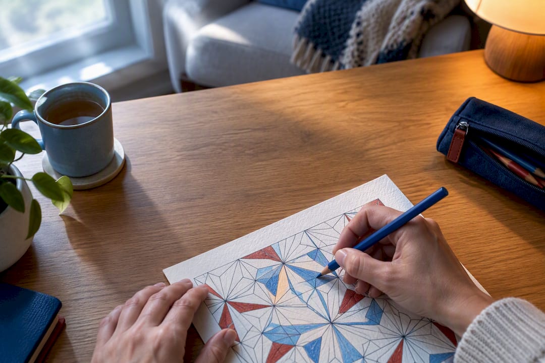 Hands practicing mindful coloring with pencils