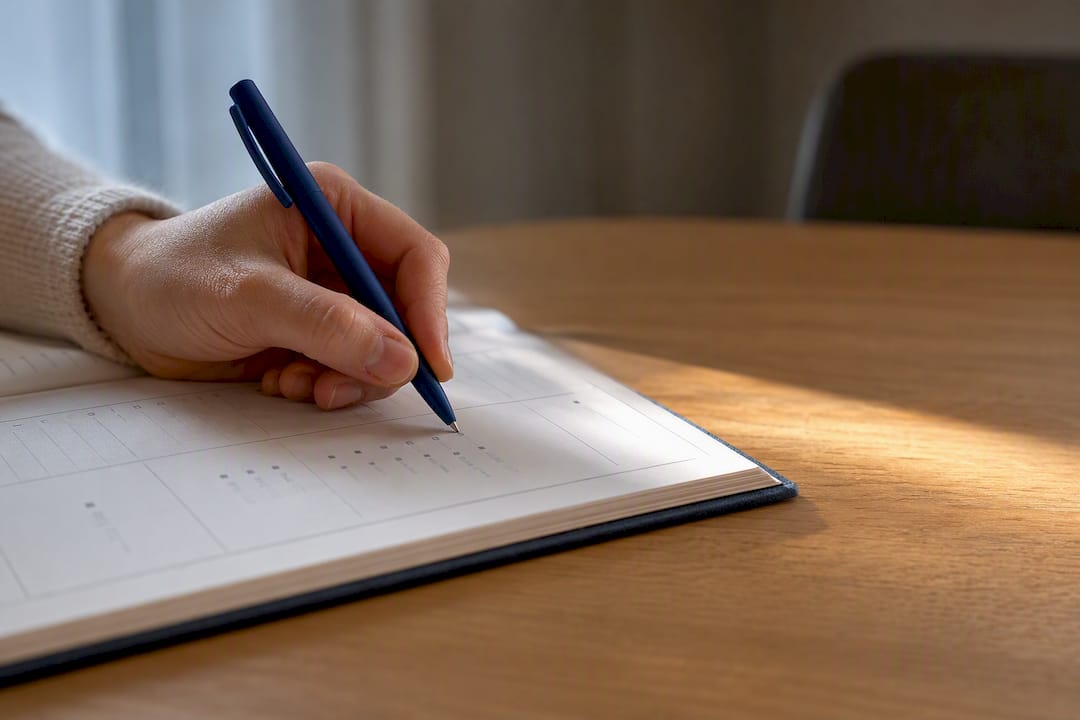 Hand marking a productivity planner page
