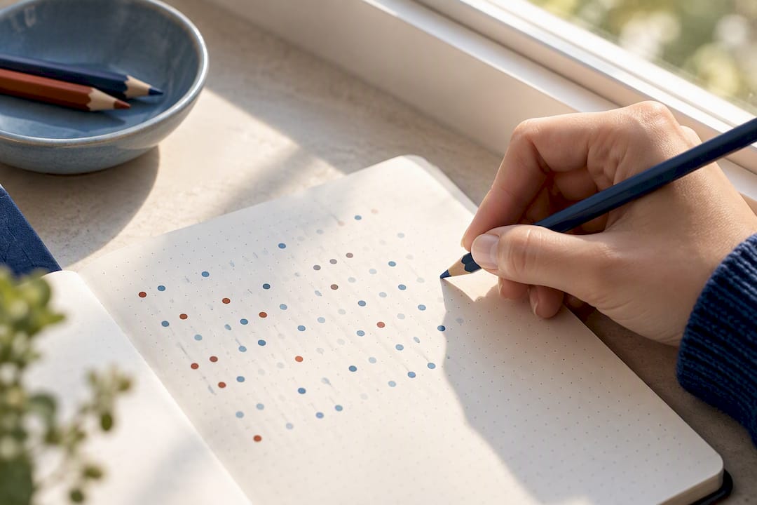 Hand adding mood tracker marks to journal