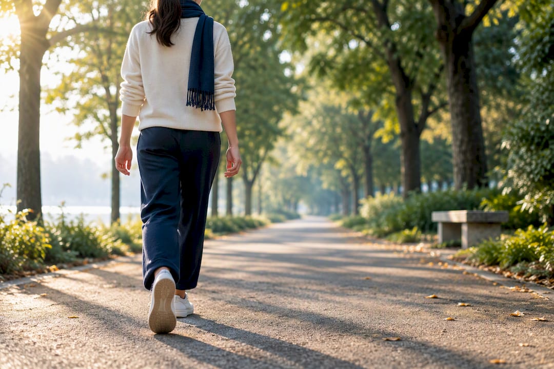 Person practicing mindful walking on park path