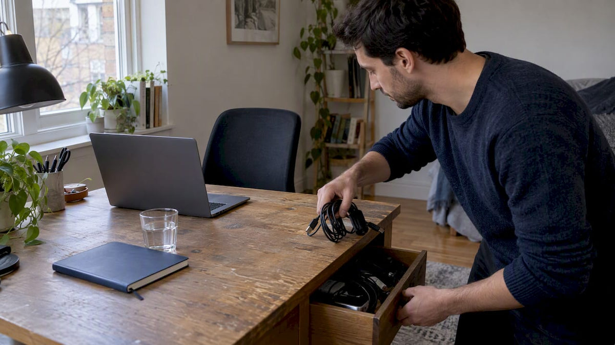 Person clearing a calm minimal desk