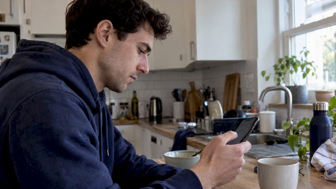 Person scrolling a phone at a kitchen counter