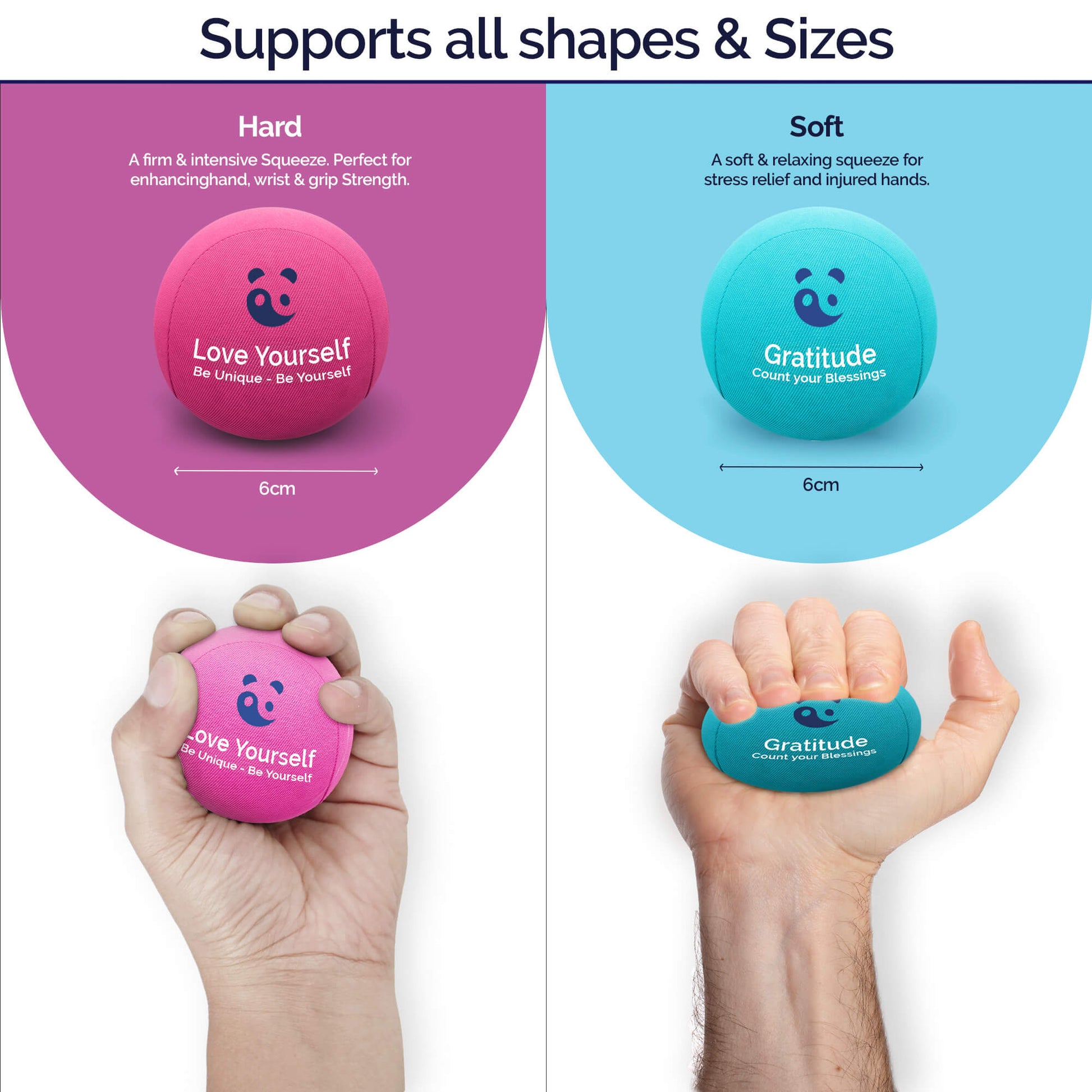 Two stress balls, one pink and one blue, held in hands with text indicating 'Love Yourself' and 'Gratitude' messages.