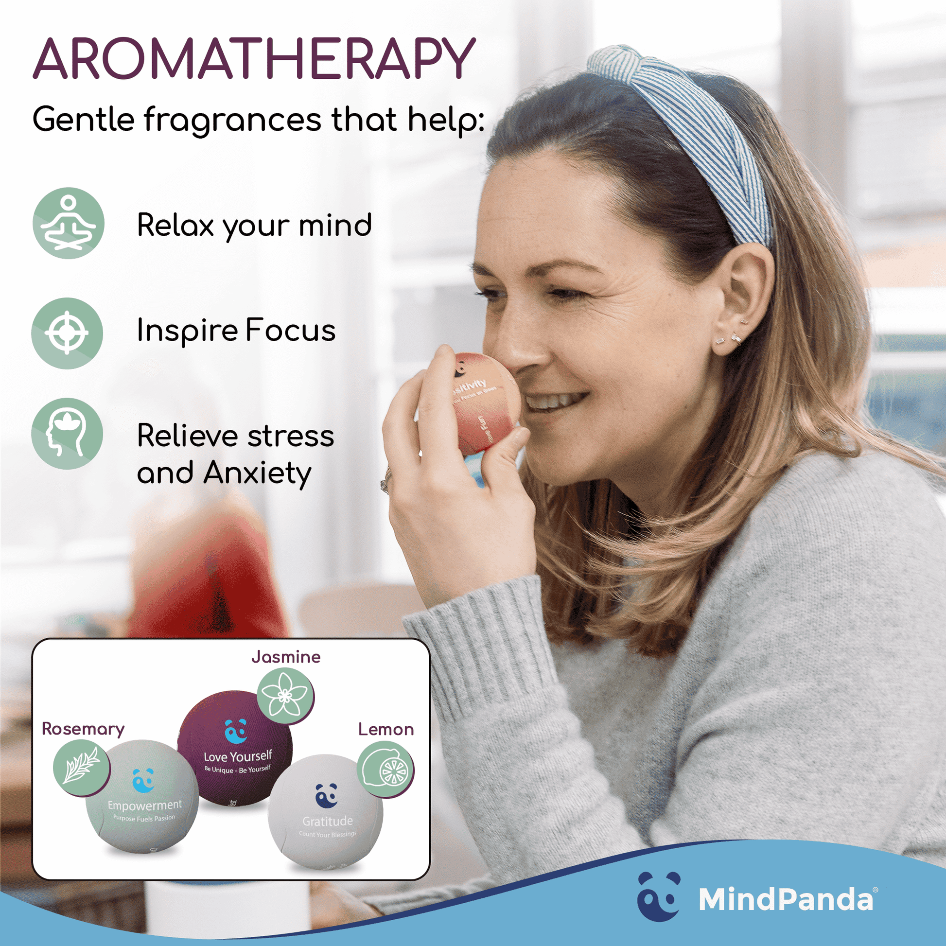 Woman holding a diffuser with aromatherapy benefits displayed on screen