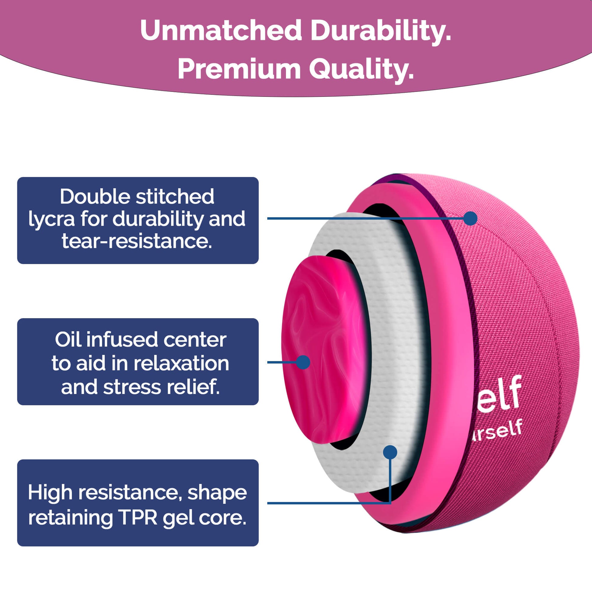 Pink hand roller with text highlighting features on a white background