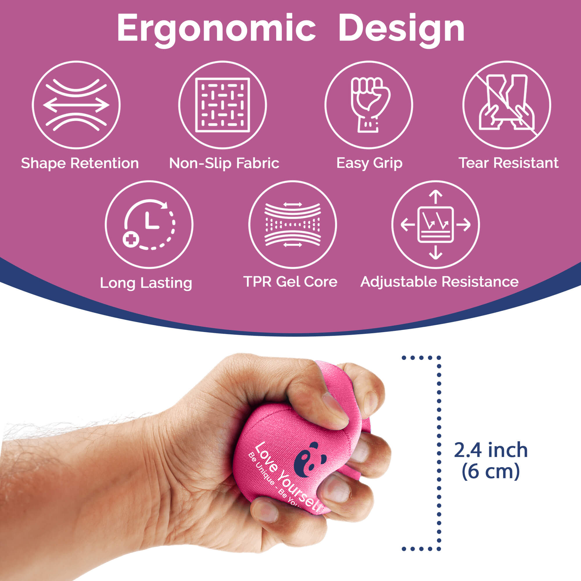 Pink stress ball with text highlighting ergonomic design features on a purple background