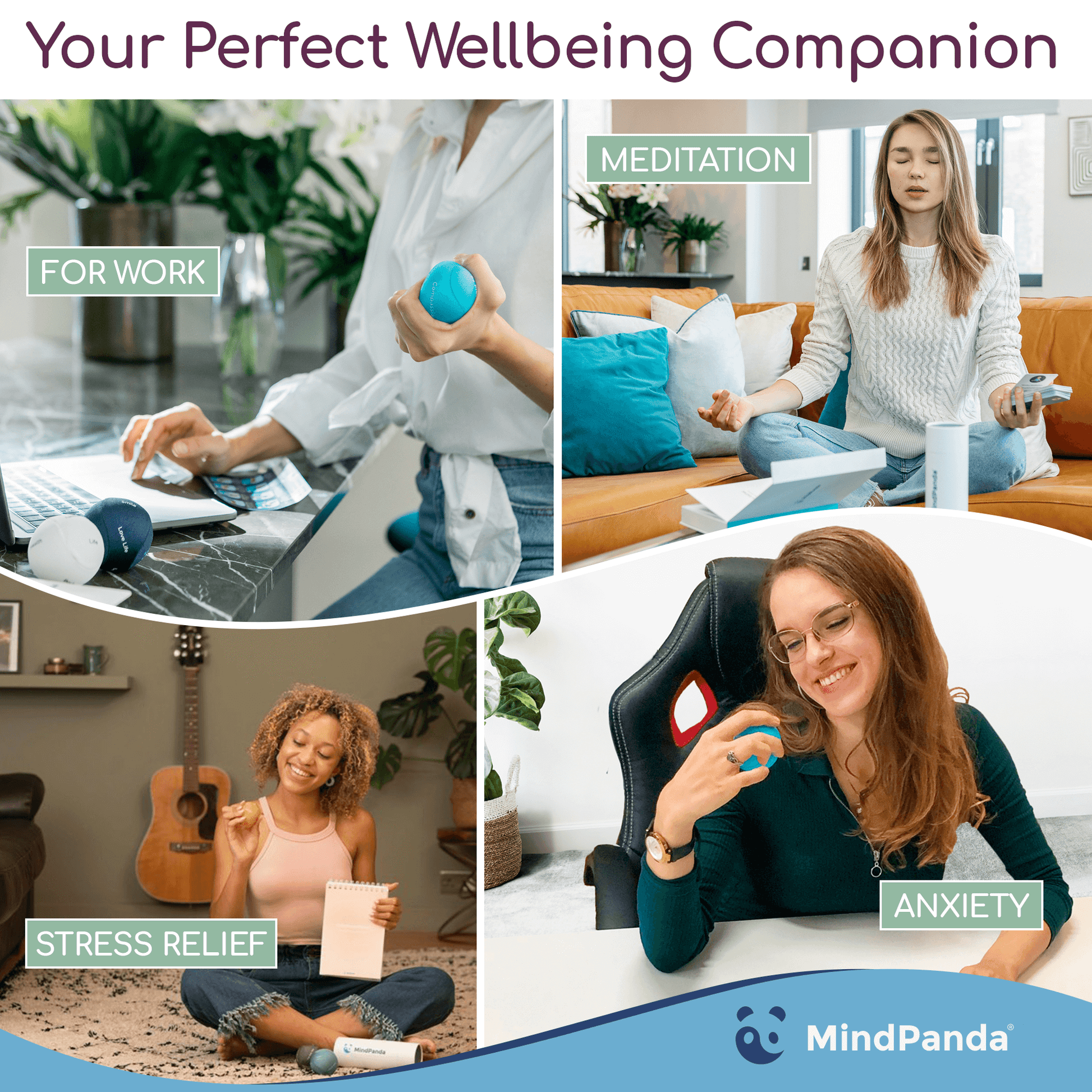 Collage of people using a stress ball with text on wellbeing benefits and MindPanda branding.