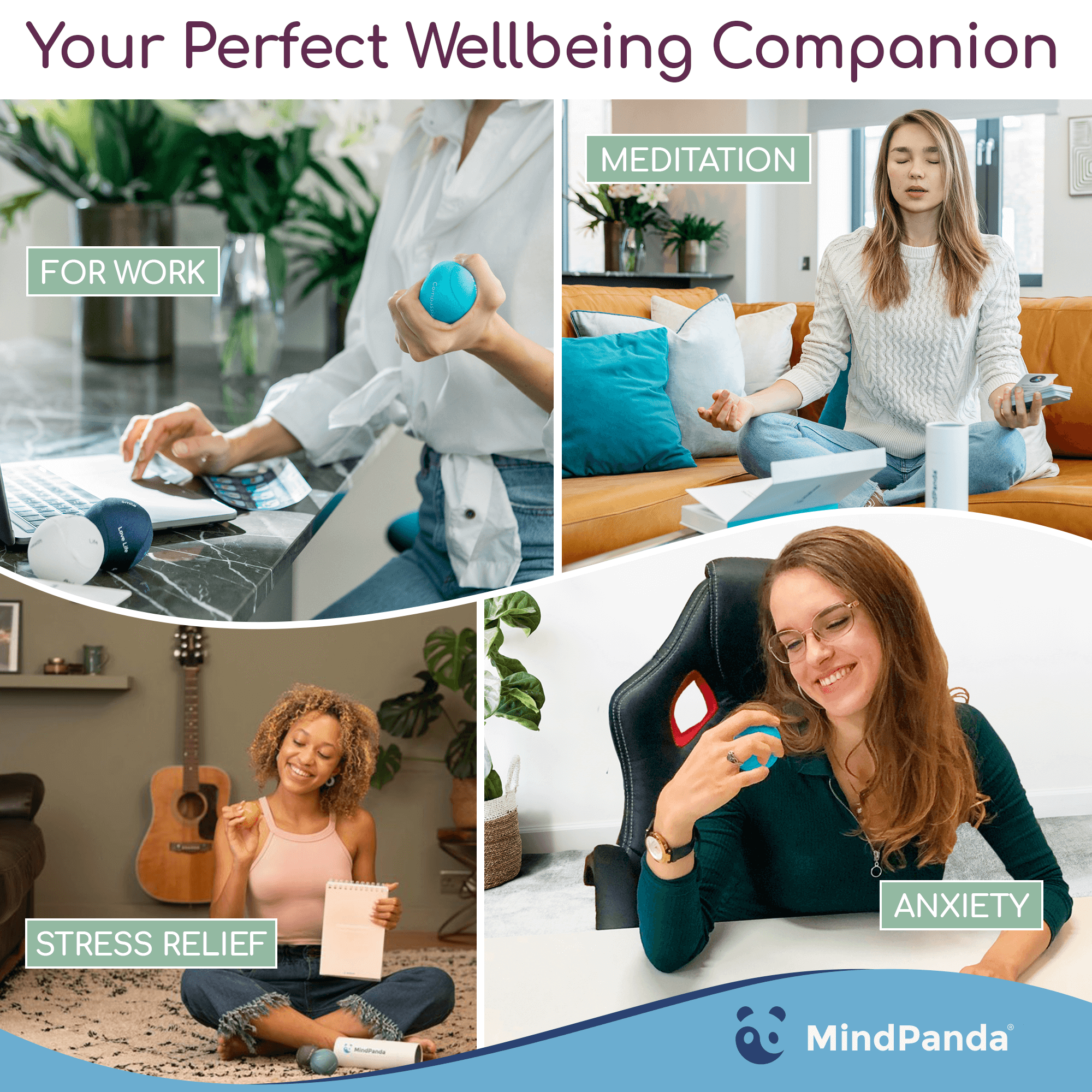 Collage of people using a stress ball with text on wellbeing benefits and MindPanda branding.