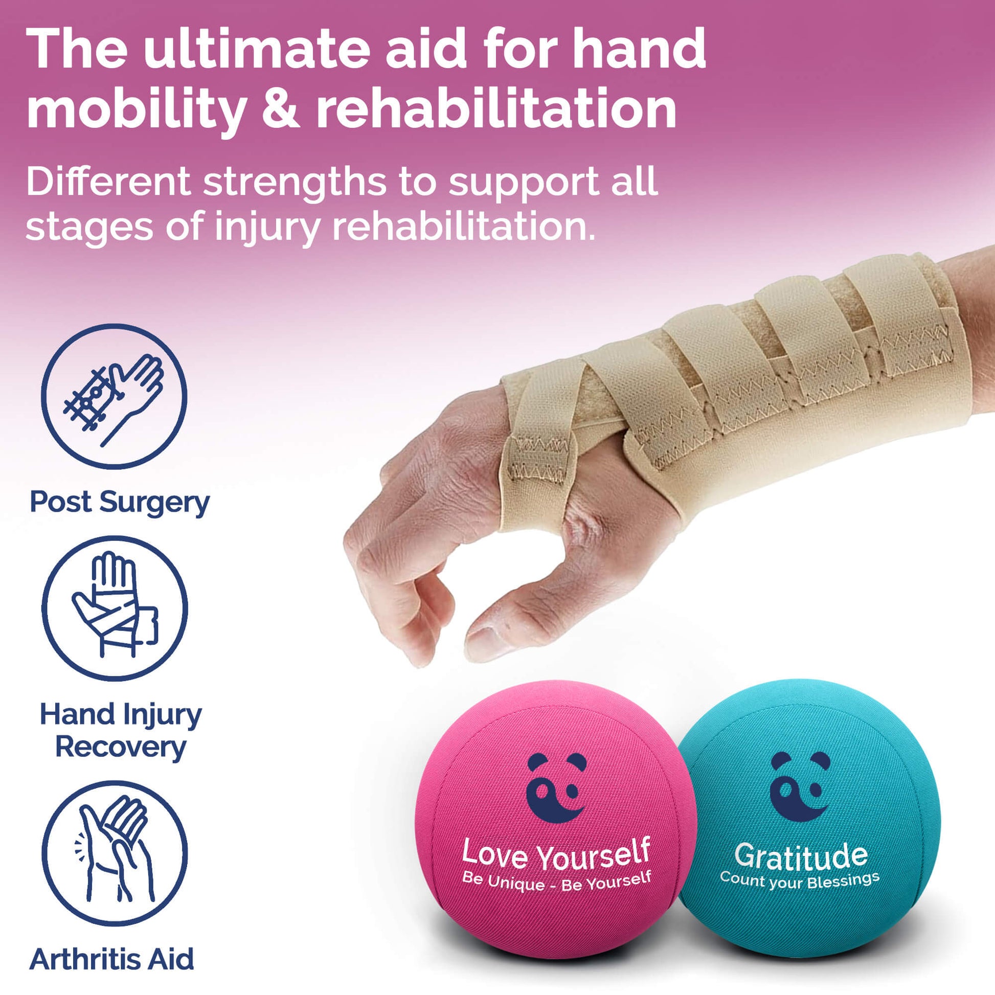 Hand with brace, two motivational balls, and text about hand mobility and rehabilitation on a pink background