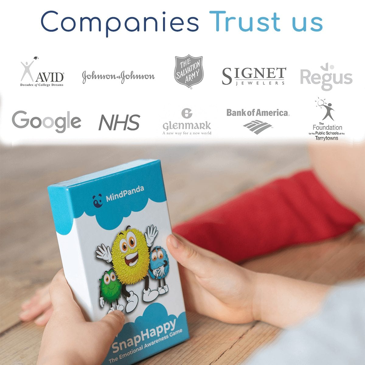 Person holding a 'SnapHappy' product with various brand logos at the top