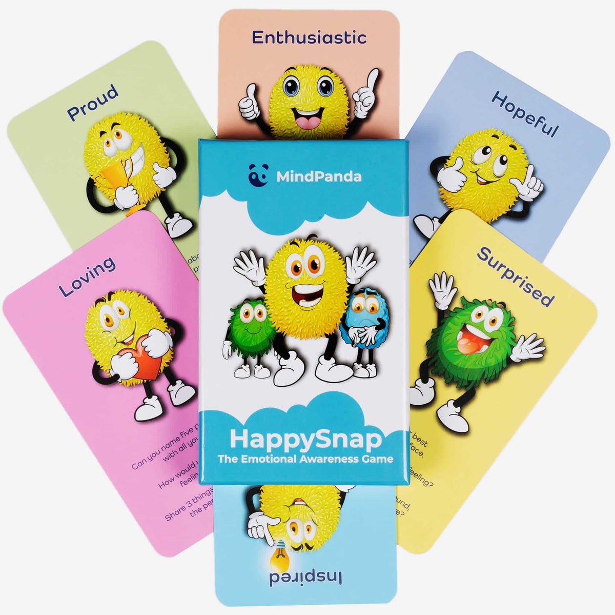 HappySnap emotional awareness game cards with colorful characters and text on a white background