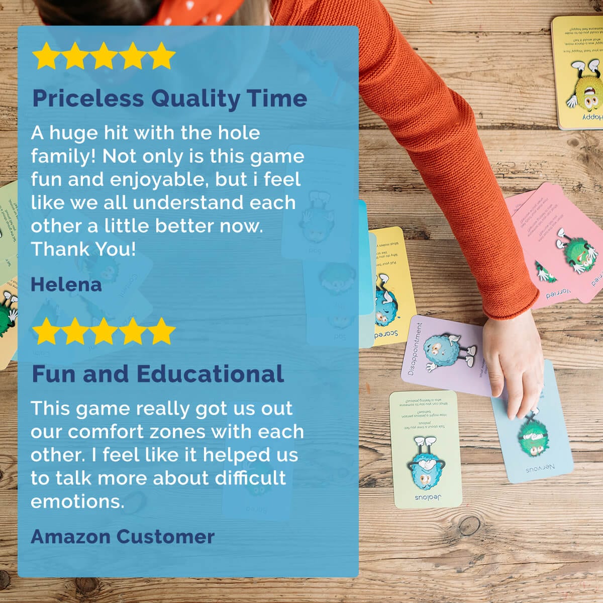 Five-star review card for a game with children playing cards on a wooden table.