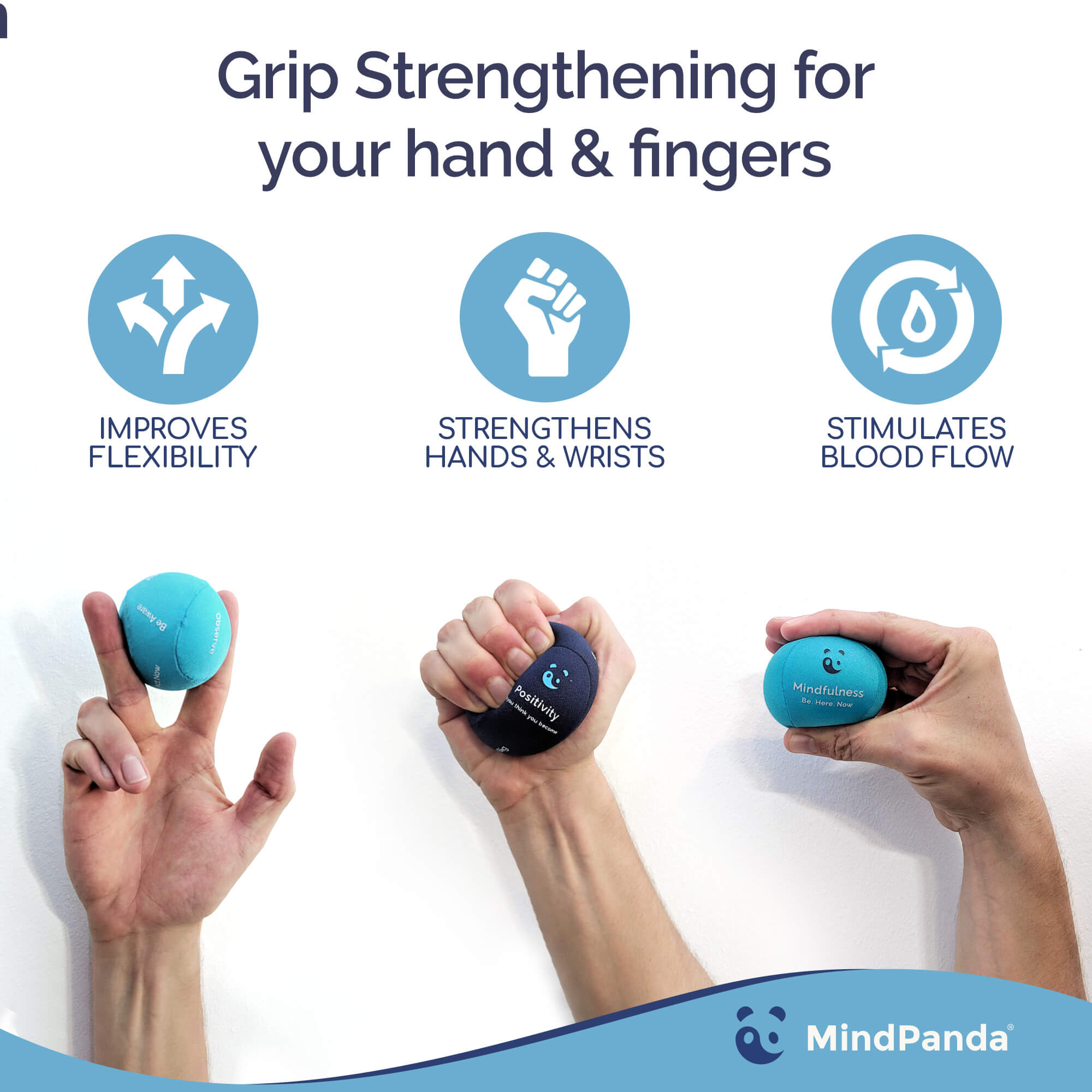 Grip strengthening balls with text on benefits and hands using them, MindPanda brand visible.