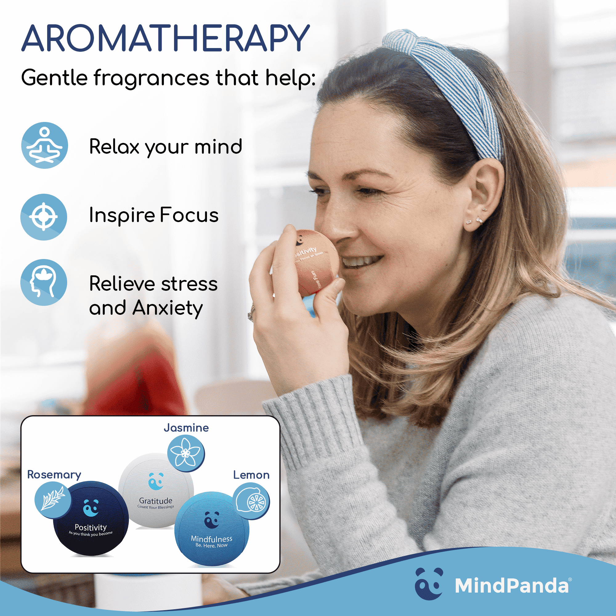 Woman holding a diffuser with aromatherapy benefits displayed on screen